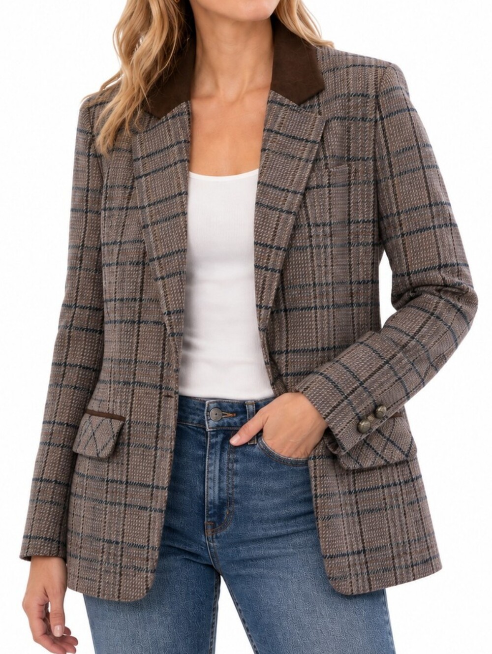 JESSICA SPORT Long Wool Blend Blazer Brown Plaid Sz 12 Faux Suede Collar Vintage